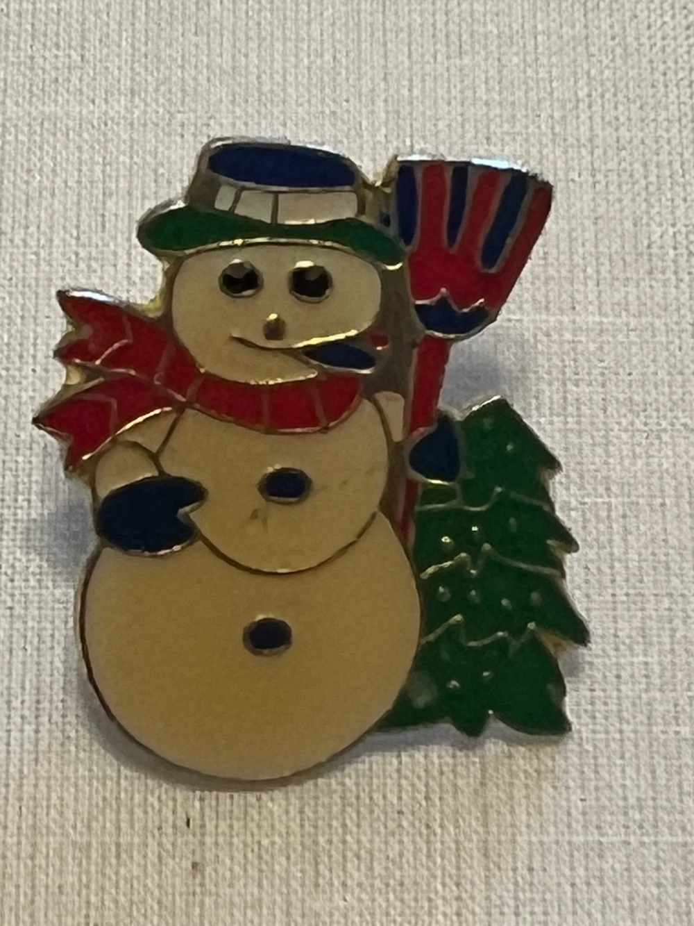 Vintage Enamel Snowman Christmas Tree Broom Holiday Lapel Pin Brooch